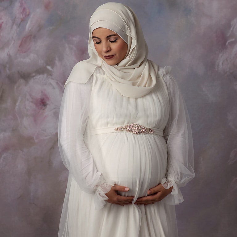 Maternity Photoshoot with modest gown and hijab - Belle Haven Photography