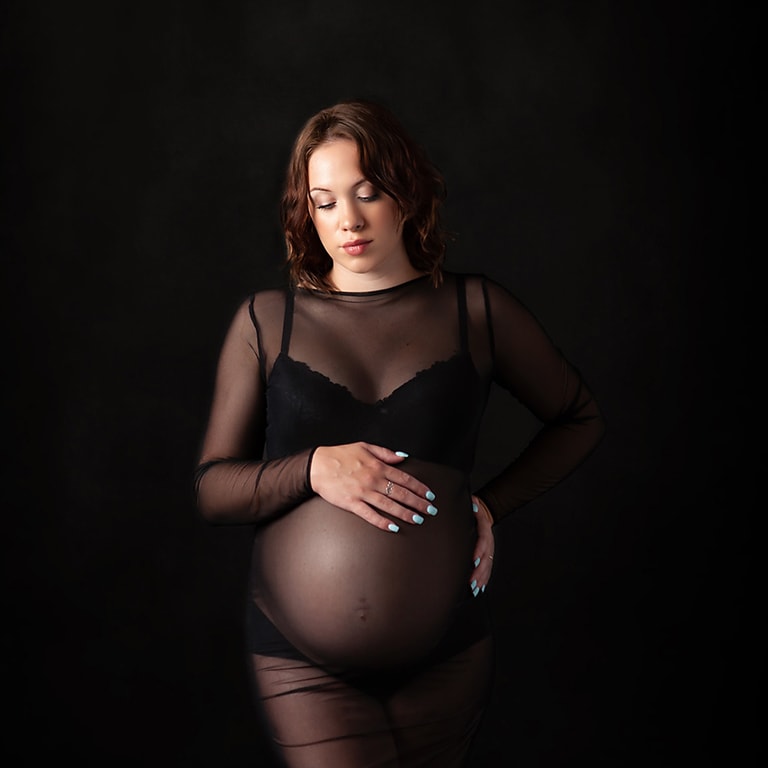 Maternity Photoshoot with sheer black gown - Belle Haven Photography