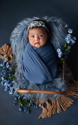 Newborn baby girl in blue - Belle Haven Photography